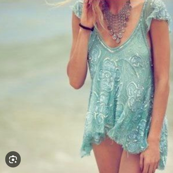 FREE PEOPLE Titan's Treasure Boho Angel Mint Green Embellished Tunic NWOT RARE - Picture 7 of 16